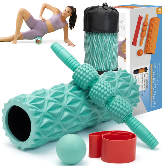 5 in 1 Foam Roller Set Medium Density Back Foam Roller Muscle Roller Stick Massage Ball Exercise Bands Trigger Point Release for Deep Muscle Massage Pilates Yoga Fitness Exercise for Whole Body