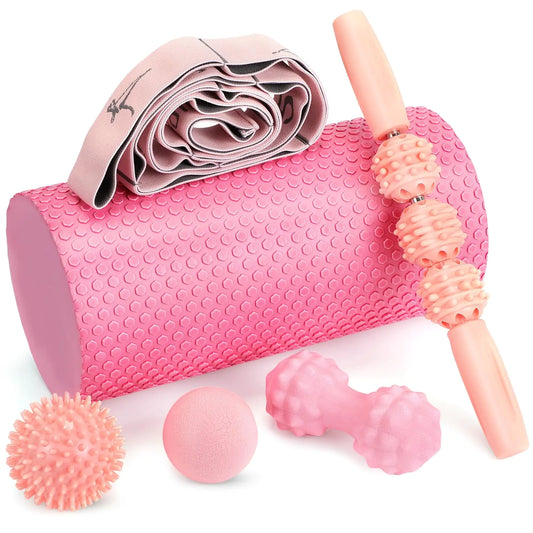 6 Pcs Pink Foam Roller Set Includes Peanut Massage Ball Back Roller Massage Roller Stick 2 Foot Stretching Strap and Fasciitis Ball for Christmas Gift Exercise Physical Body Therapy Yoga Massager